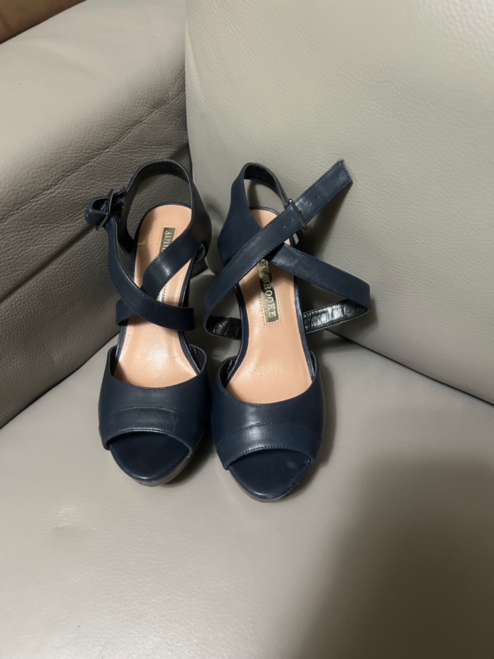 Audrey Brooke Navy Cross-Strap Peep-Toe Heels
